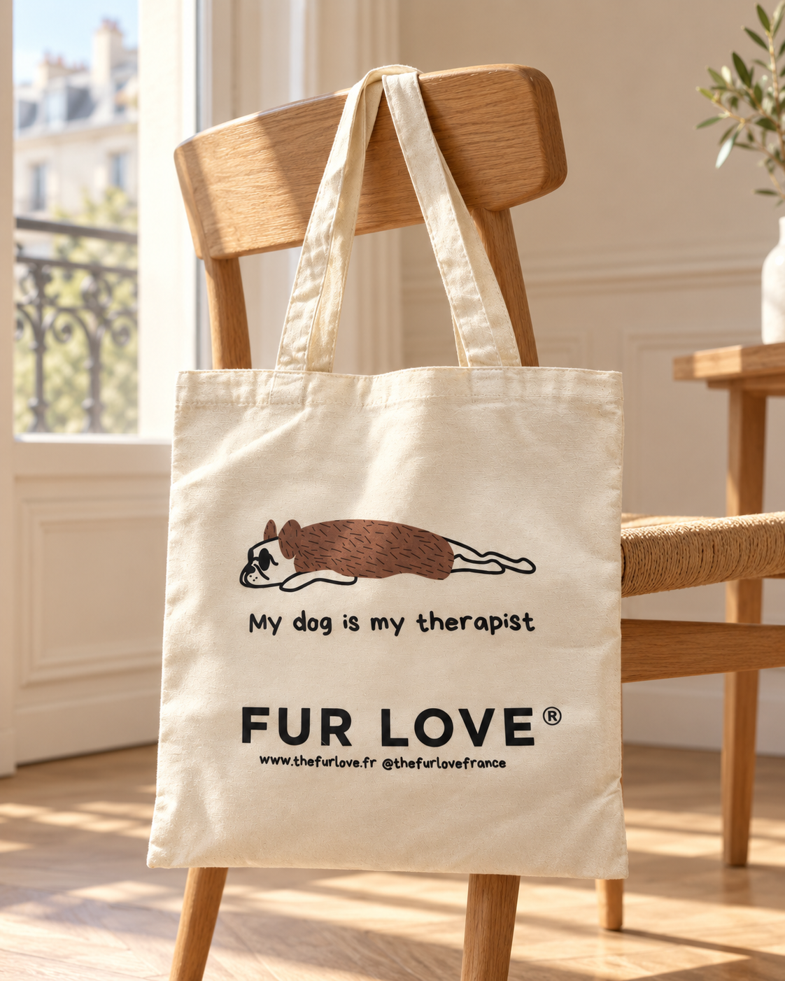 Tote bag Fur Love en coton écru suspendu à une chaise en bois dans un intérieur lumineux