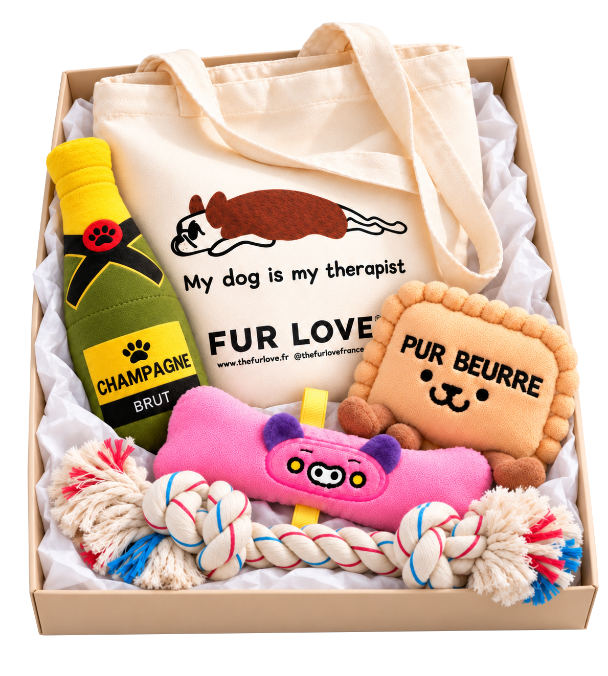 Pack Fur Love composé de quatre jouets pour chien et d’un tote bag My dog is my therapist